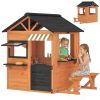 Wooden Kids Playhouse with Play Kitchen, Picnic Bench, Serving Station, Windows and Door for Backyard, Ages 3â€'8, Brown