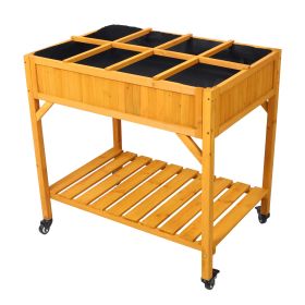 Elevated 8 Pocket Herb Garden Bed, Mobile Raised Customizable Wood Planter for Herbs, Vegetables, Flowers w/ Lockable Wheels, Storage Shelf