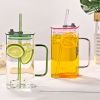 1 Pcs Blue Glass Straw Cup, 4 Colors Square Glass Cup With Straw And Lid, High Borosilicate Glass Cup, Milk Cup, Juice Cup, Cold Drink Cup, Coffee Cup