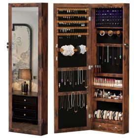 Wall-Mount/Door-Hanging Jewelry Armoire Large Capacity Mirror & LED Lights Lockable Organizer, 47.2-Inch Tall 6 LEDs Lockable Jewelry Cabinet (Color: Brown)