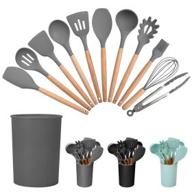 11Pcs Silicone Cooking Utensil Set Heat Resist Wooden Handle Silicone Spatula Turner Ladle Spaghetti Server Tongs Spoon Egg Whish Kitchenware Set w/ H (Color: Grey)