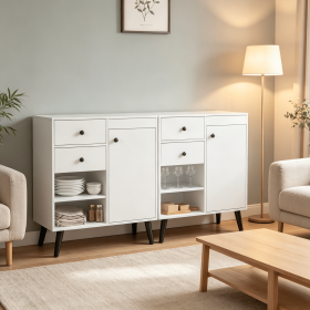 Set of 2 31 Inch Buffet Cabinet with 2 Drawers And Open Compartments for Kitchen Storage Wood Grain Finish (Color: White)