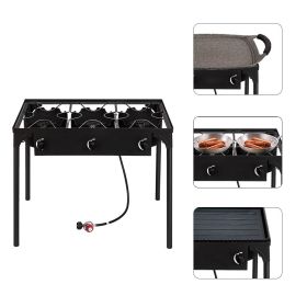 Outdoor Camp Stove High Pressure Propane Gas Cooker Portable Cast Iron Patio Cooking Burner (Three Burner 225000-BTU) (Color: Black)
