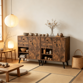 Set of 2 31 Inch Buffet Cabinet with 2 Drawers And Open Compartments for Kitchen Storage Wood Grain Finish (Color: Rustic Brown)