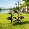 Foldaway Outdoor Cooking Table with Detachable Lamp Holder 4 Fold Side Trays Mesh Storage Shelf