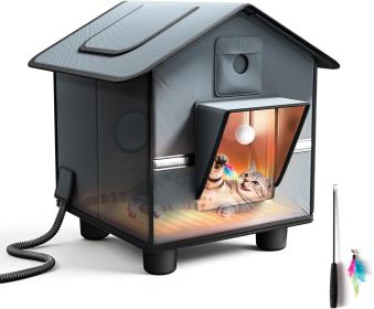 Outdoor Cat House with Raised Base & Toy Included, Weatherproof Feral Cat Shelter with Folding Roof, Insulated Warm Hideaway for All Seasons (size: Gray   Heated Comfort)