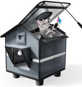Outdoor Cat House with Raised Base & Toy Included, Weatherproof Feral Cat Shelter with Folding Roof, Insulated Warm Hideaway for All Seasons (size: Gray   Standard)