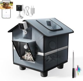 Outdoor Cat House with Raised Base & Toy Included, Weatherproof Feral Cat Shelter with Folding Roof, Insulated Warm Hideaway for All Seasons (size: Gray  Live View Kit)