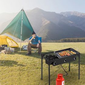 Outdoor Camp Stove High Pressure Propane Gas Cooker Portable Cast Iron Patio Cooking Burner (Three Burner 225000-BTU) (Color: as pic)